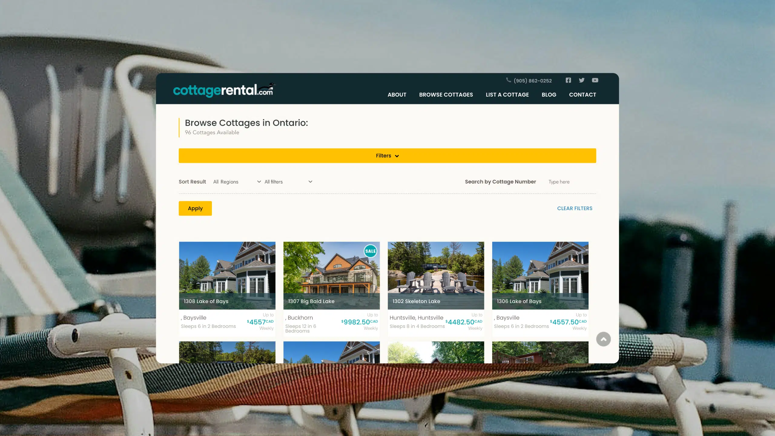 Cottage listings interface showing dynamic filtering and updated structure from the CottageRental.com website redevelopment project.