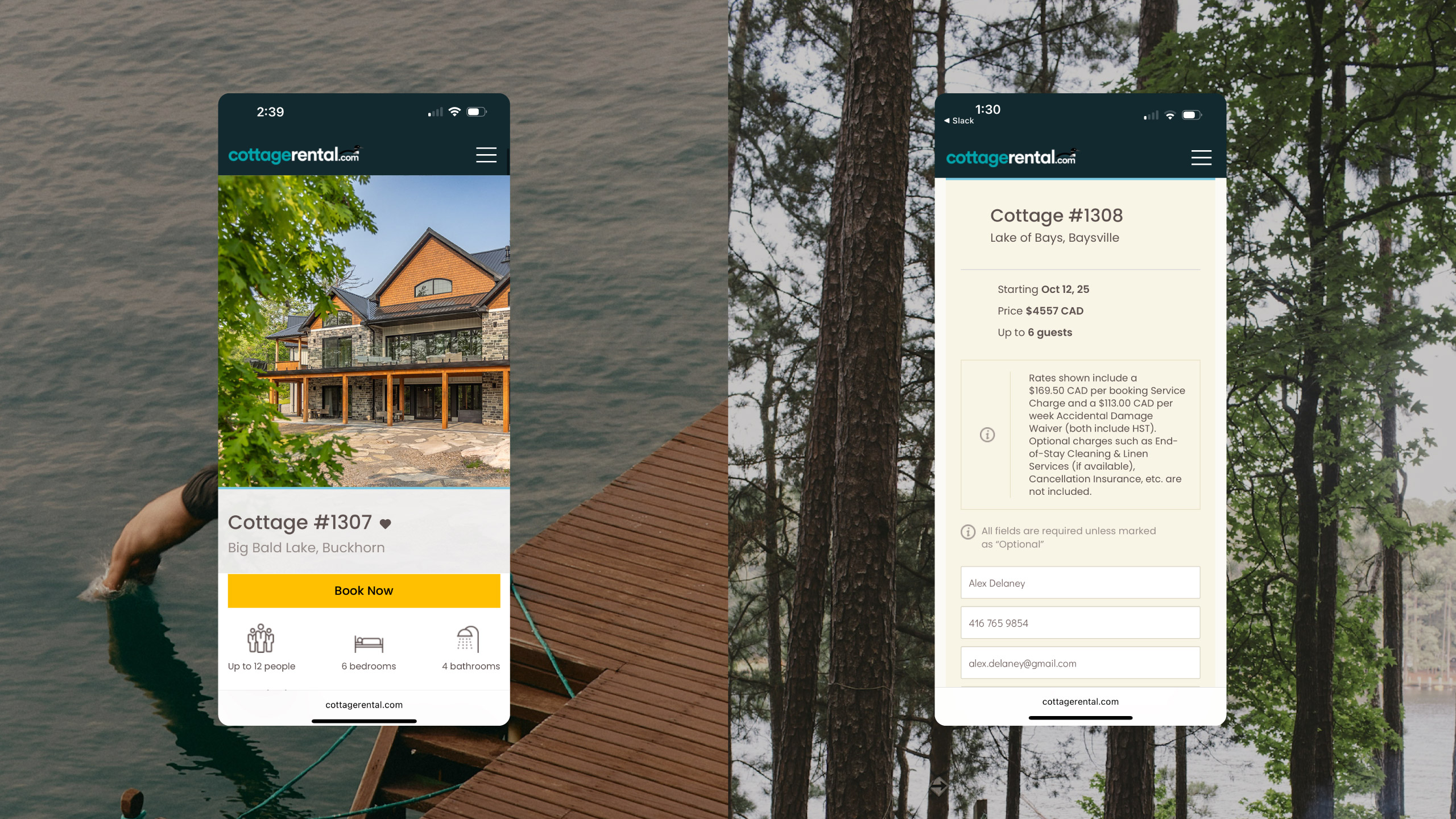 Mobile screens of CottageRental.com showing booking flow and content updates enabled by the rebuilt back-end and custom CMS.