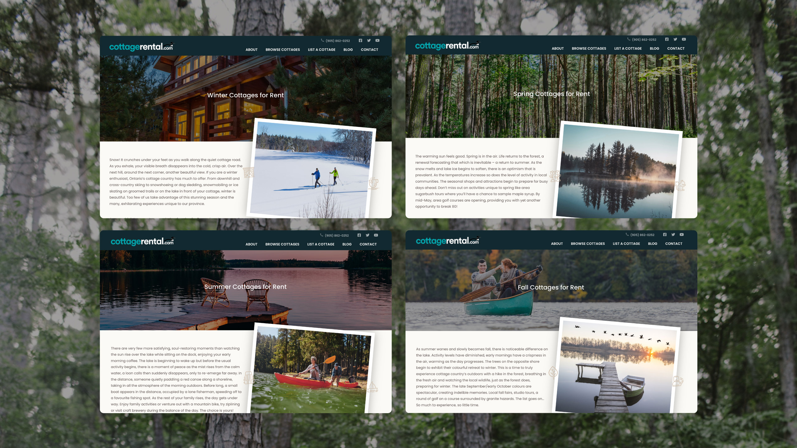 Seasonal rental content on CottageRental.com highlighting how the custom CMS supports flexible content across winter, spring, summer, and fall.
