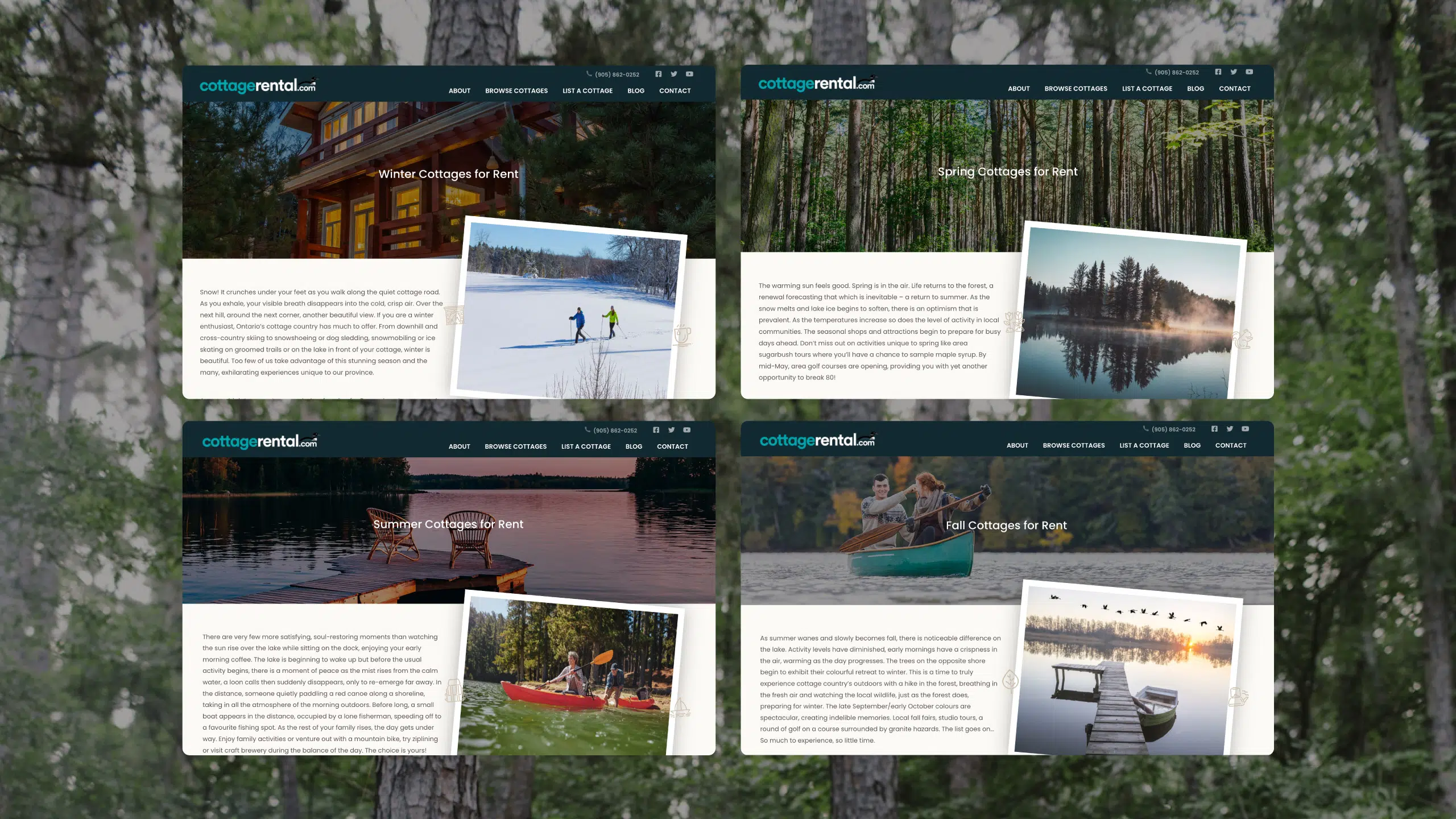 Seasonal rental content on CottageRental.com highlighting how the custom CMS supports flexible content across winter, spring, summer, and fall.